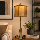 Rustic Iron lamp with brown cylinder rawhide shade
