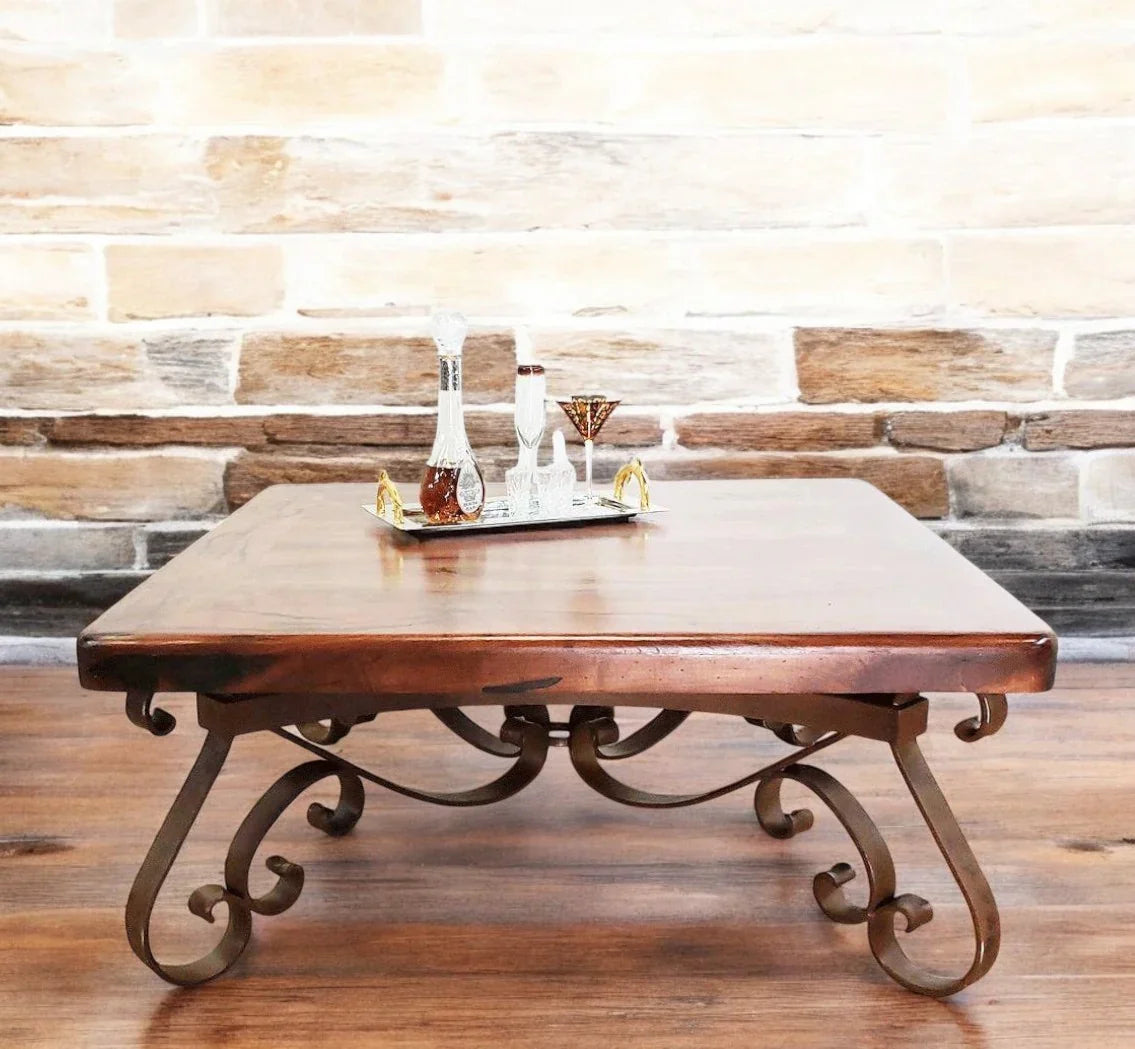 Square reclaimed mesquite wood and wrought iron coffee table - Your Western Decor