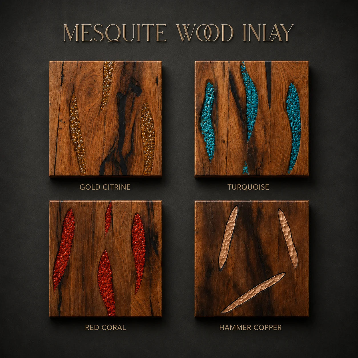Four square inlay panels arranged in a 2x2 grid on a dark background, each showing a different inlay color: Gold Citrine, Turquoise, Red Coral, and Hammer Copper. The panels feature a dark brown wood base with elongated inlay elements in gold, blue-green, red, and copper tones.