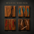 Four square inlay panels arranged in a 2x2 grid on a dark background, each showing a different inlay color: Gold Citrine, Turquoise, Red Coral, and Hammer Copper. The panels feature a dark brown wood base with elongated inlay elements in gold, blue-green, red, and copper tones.