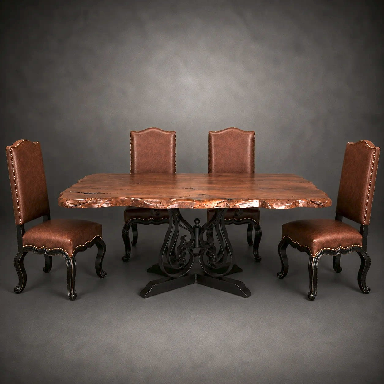 A rustic dining table set with a live-edge wood tabletop on a black metal pedestal base, accompanied by four matching chairs upholstered in brown leather, set against a dark gray studio background.