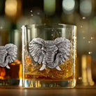 Detailed carved metal elephant embellished whiskey glass - Your Western Decor