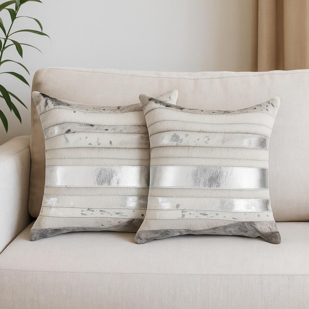 Metallic silver and grey/white cowhide pillow set 