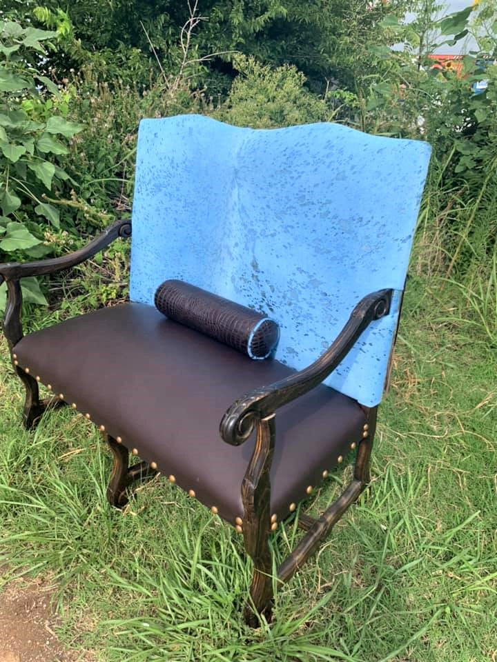 Metallic blue cowhide and brown leather settee love seat