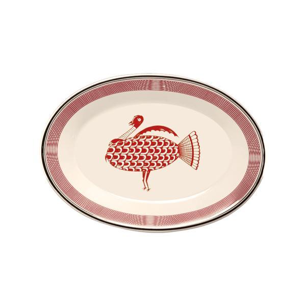Mimbreño oval serving platter in maroon and white with Aztec turkey design - Your Western Decor