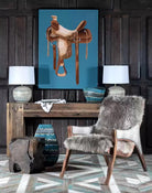 Rustic modern room with western saddle framed art - Your Western Decor