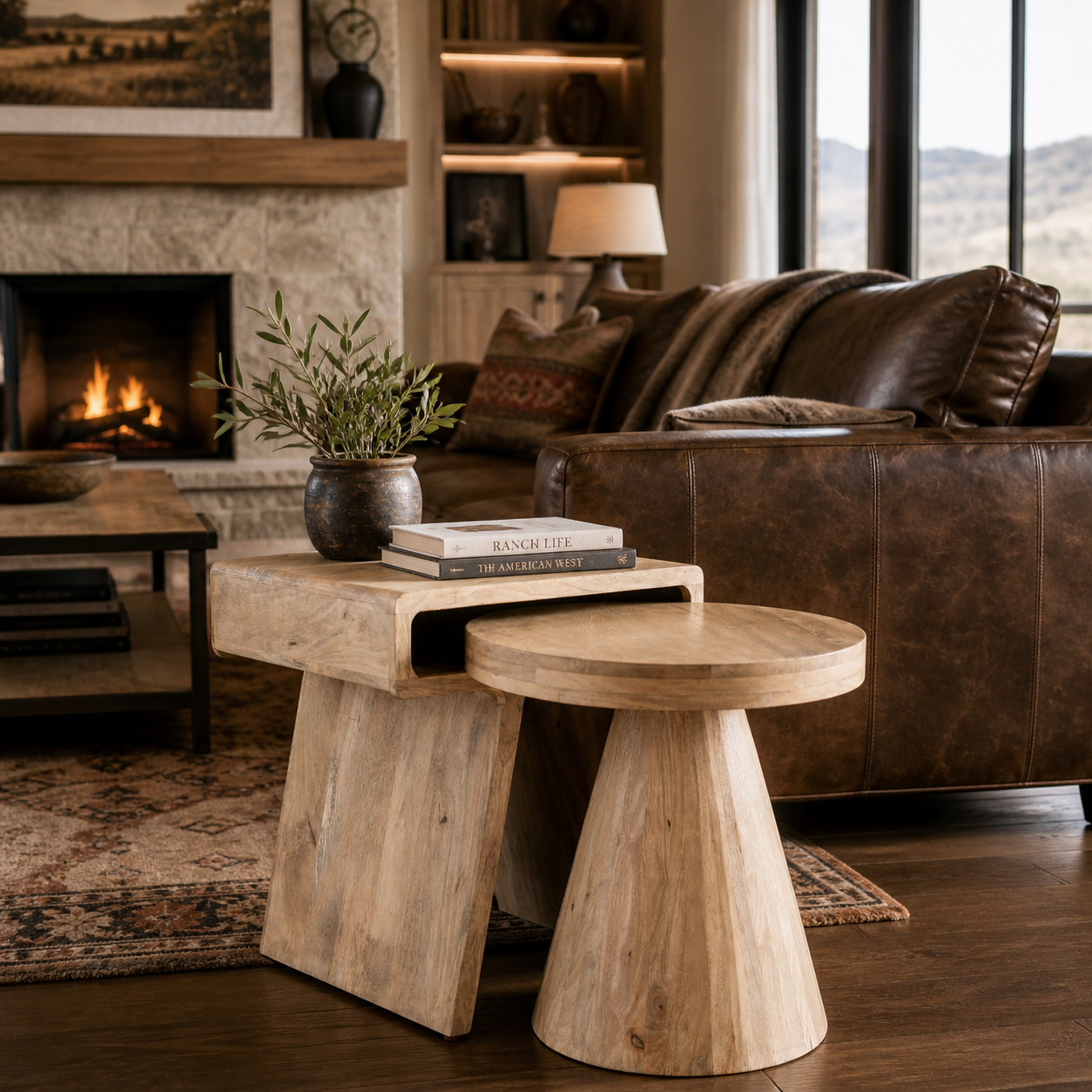 Cozy modern rustic living room with wood nesting end tables and leather sofa