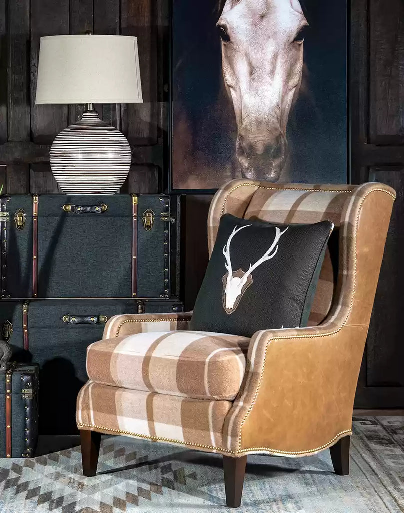 Mohair Flannel & Leather Arm Chair in Living Room Space - Your Western Decor