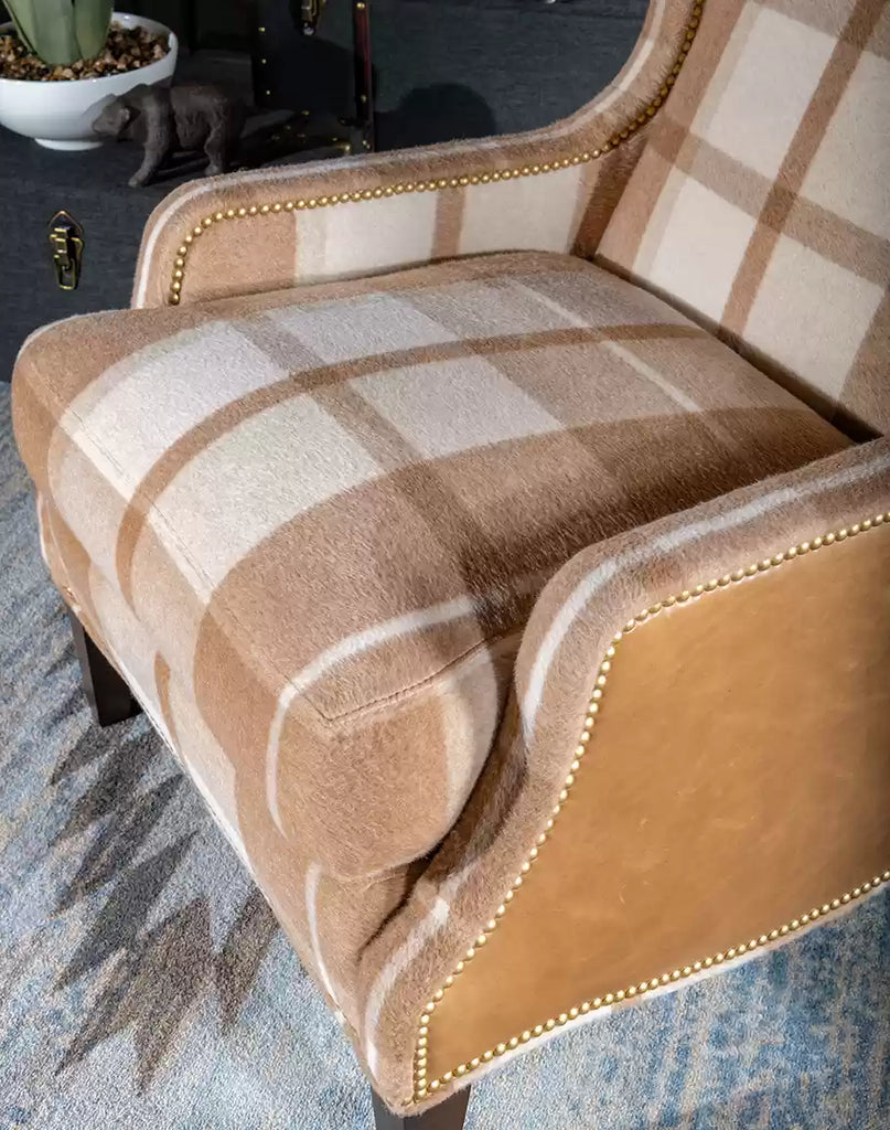 Mohair Tan Plaid Flannel & Leather Arm Chair - Your Western Decor