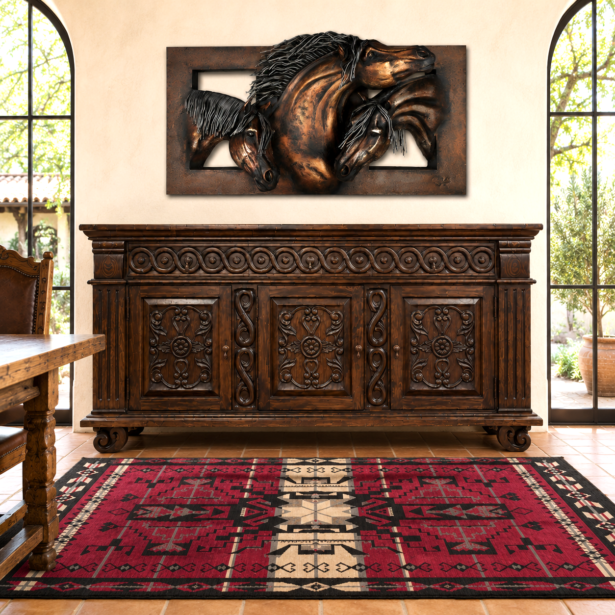 Monaco hand carved rustic buffet sideboard in solid Mohena hardwood with trio of horses wall sculpture and Cardinal Storm Area Rug