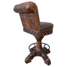 Brown leather bar stool with decorative backrest and base on a white background - Your Western Decor