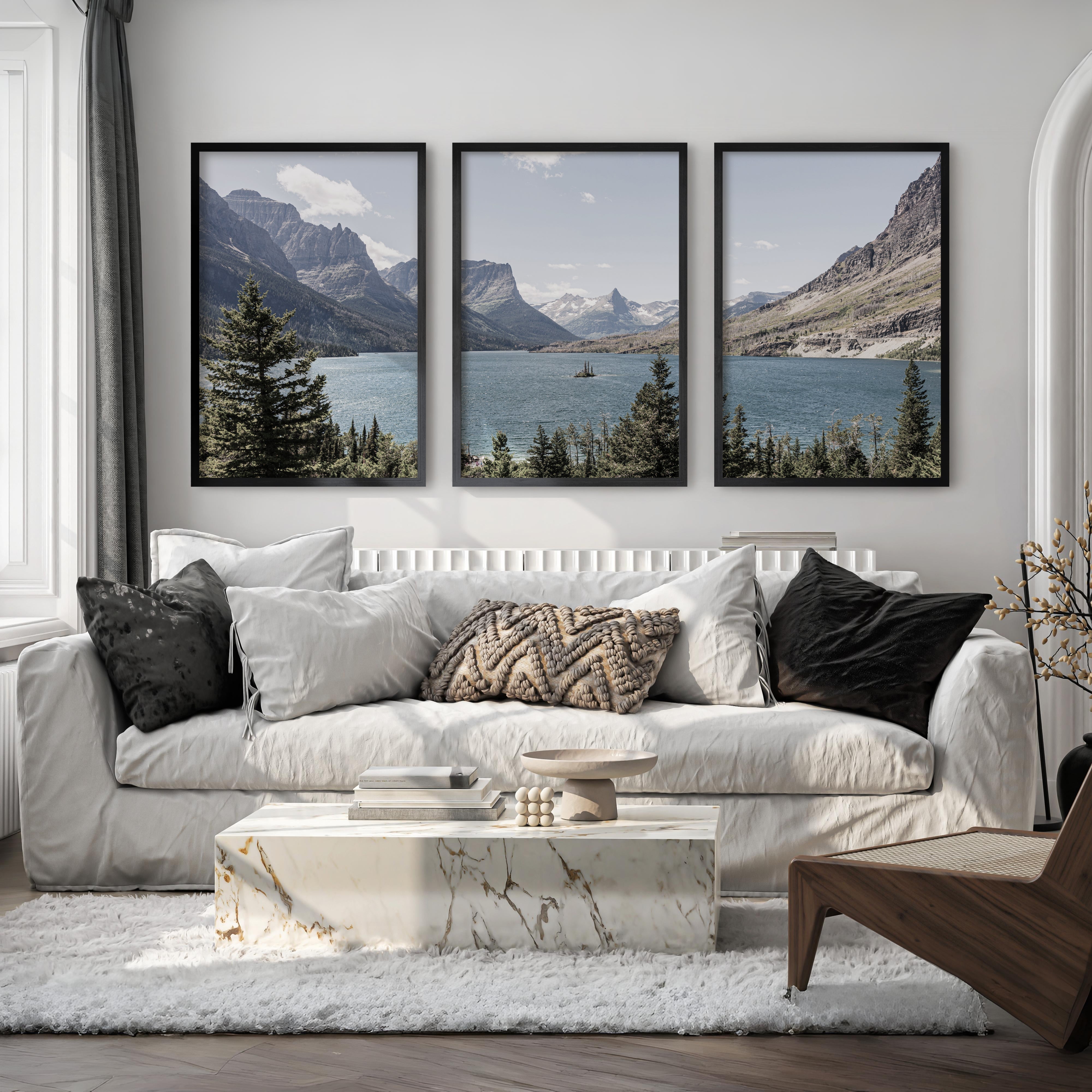 Glacier National Park triptych wall art featuring mountain lake landscape in Montana with framed fine art prints for rustic and modern interiors, shown with black wood frames