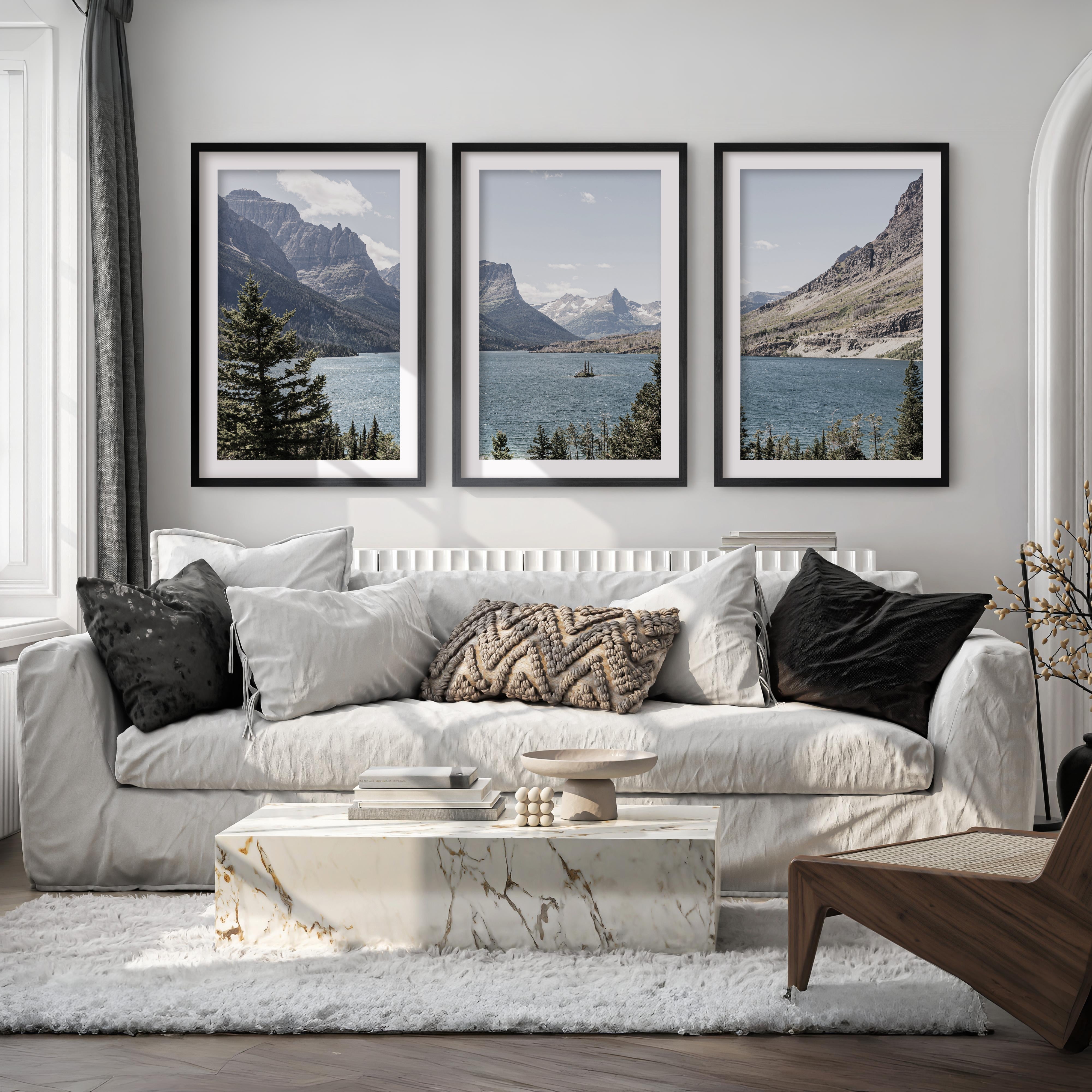Glacier National Park triptych wall art featuring mountain lake landscape in Montana with framed fine art prints for rustic and modern lodge interiors. Shown with white border and black wood frames