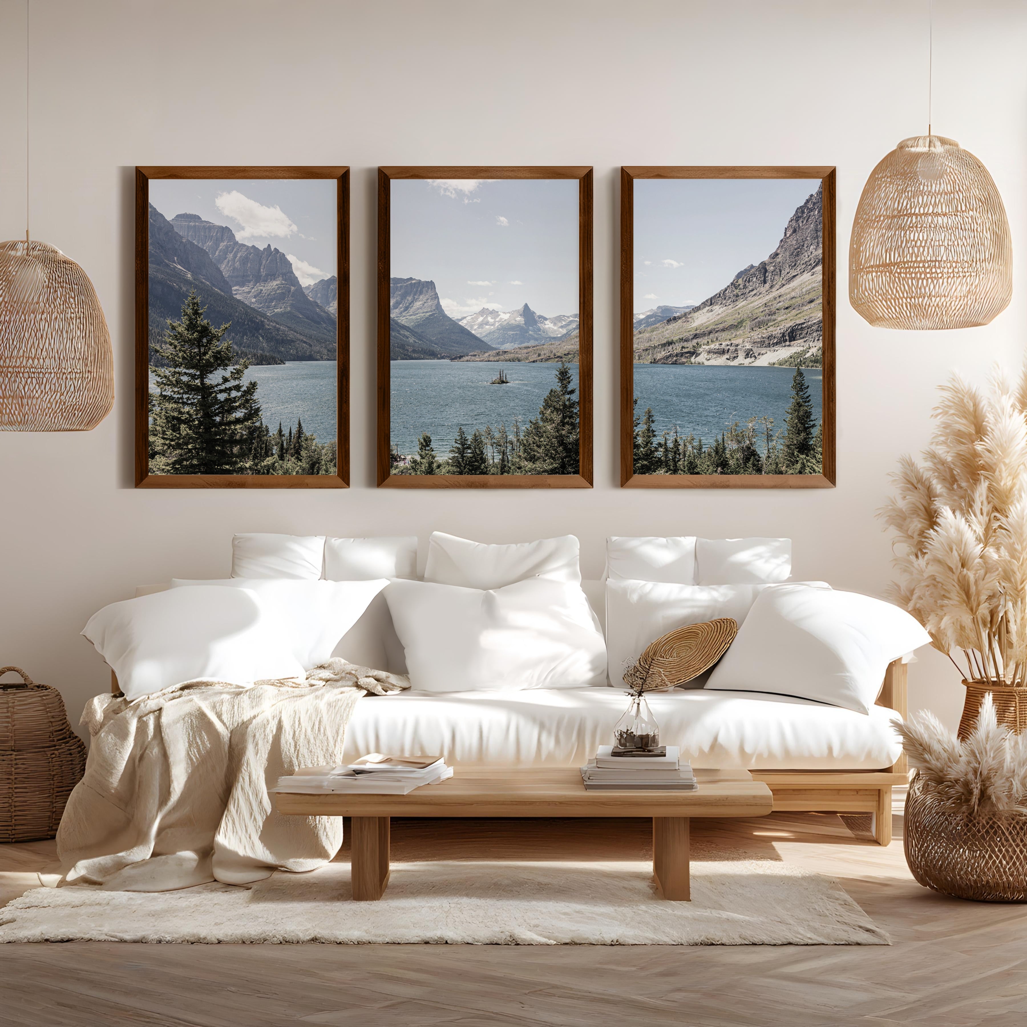 Glacier National Park triptych wall art featuring mountain lake landscape in Montana with framed fine art prints for rustic and modern interiors, shown with natural dark wood frames