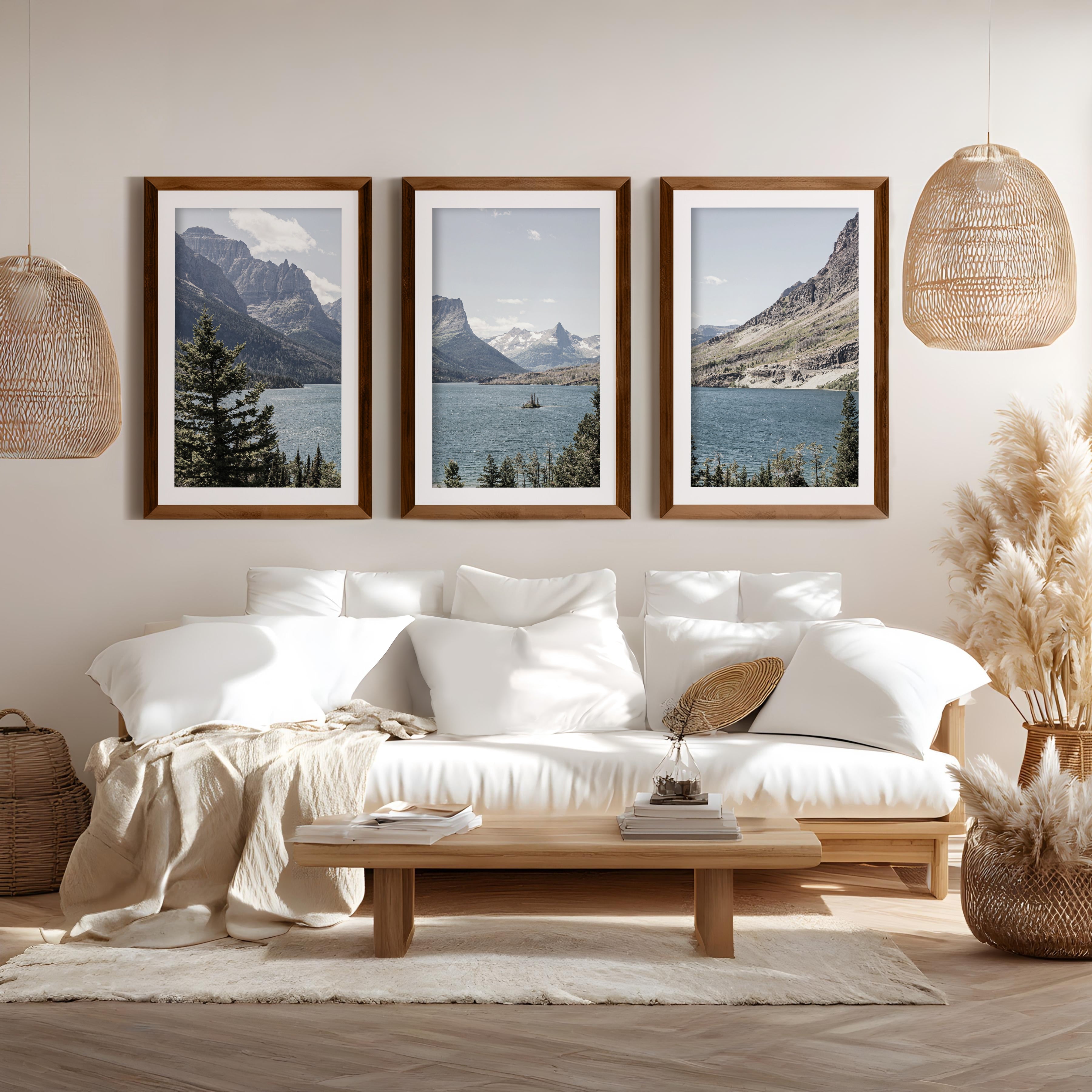 Glacier National Park triptych wall art featuring mountain lake landscape in Montana with framed fine art prints for rustic lodge and modern interiors. Shown with white border and dark natural wood frames