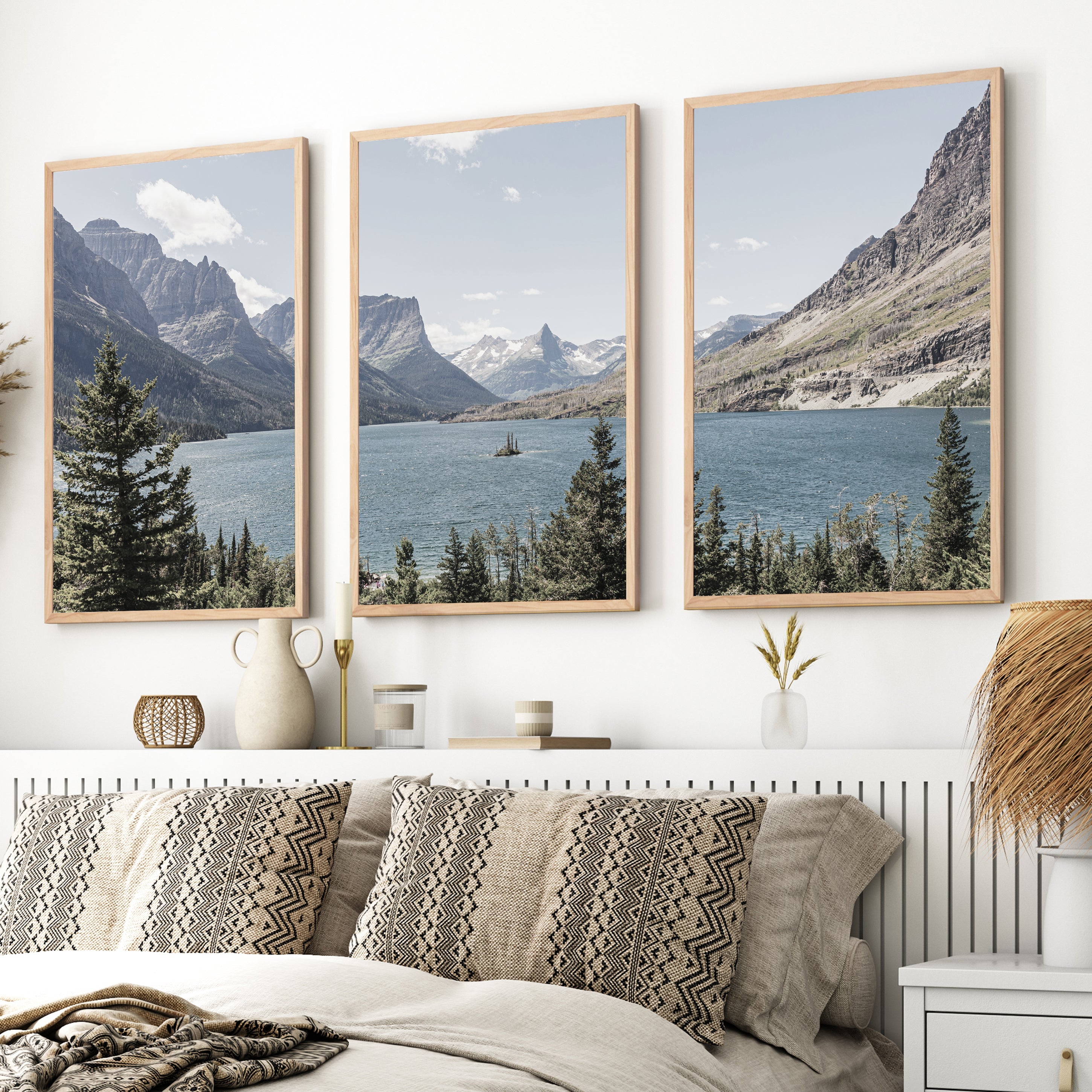 Glacier National Park triptych wall art featuring mountain lake landscape in Montana with framed fine art prints for rustic and modern interiors, shown in light natural wood frames