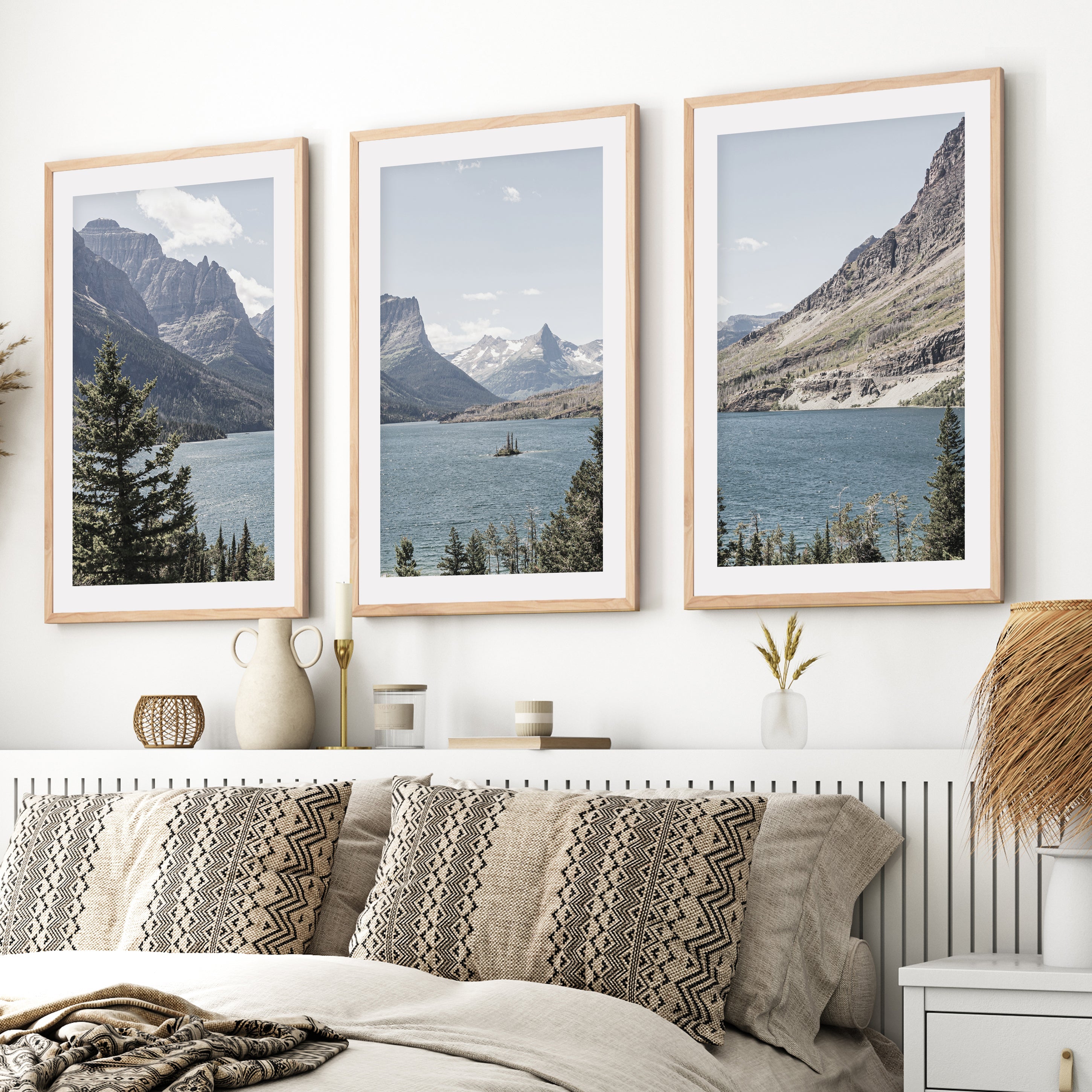Glacier National Park 3-pc wall art featuring mountain lake landscape in Montana with framed fine art prints for rustic and modern interiors, shown in light natural wood frames with a white border