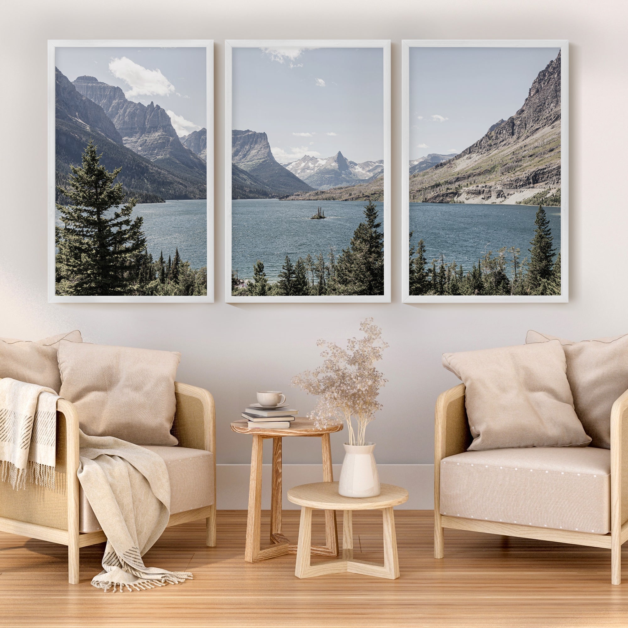Glacier National Park triptych wall art featuring mountain lake landscape in Montana with framed fine art prints for rustic and modern interiors, shown with white wood frames