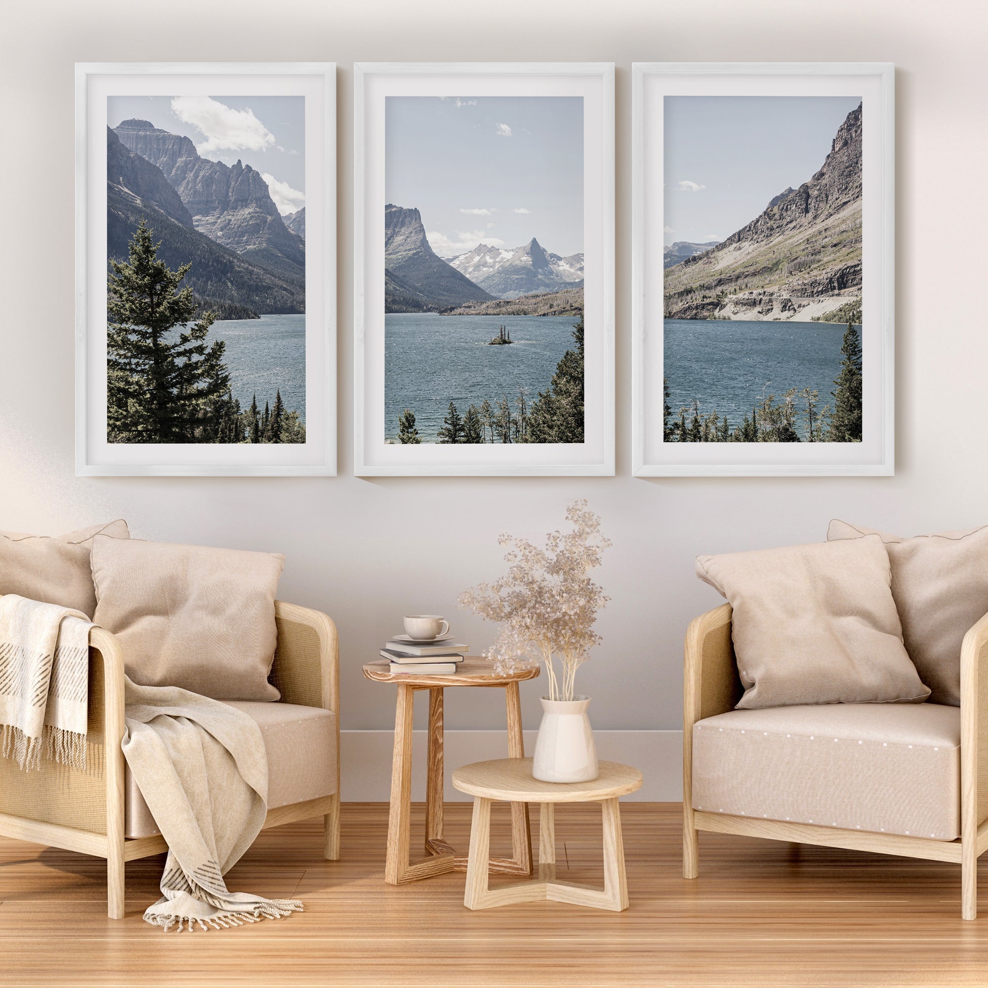 Glacier National Park triptych wall art featuring mountain lake landscape in Montana with framed fine art prints for boho, rustic and modern interiors. Shown with white border and white wood frames