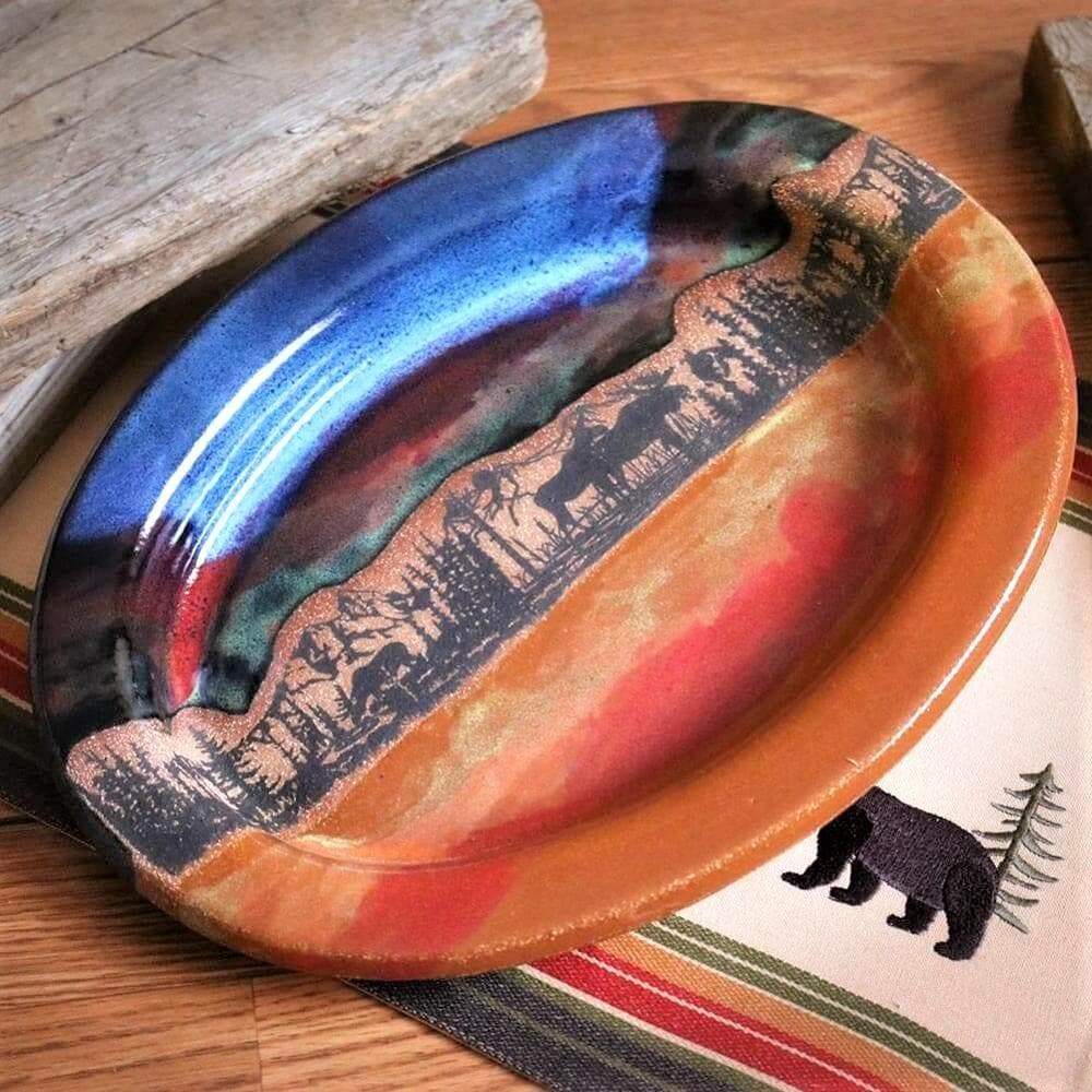 Handmade pottery serving plate with moose scene. Made in the USA. Your Western Decor