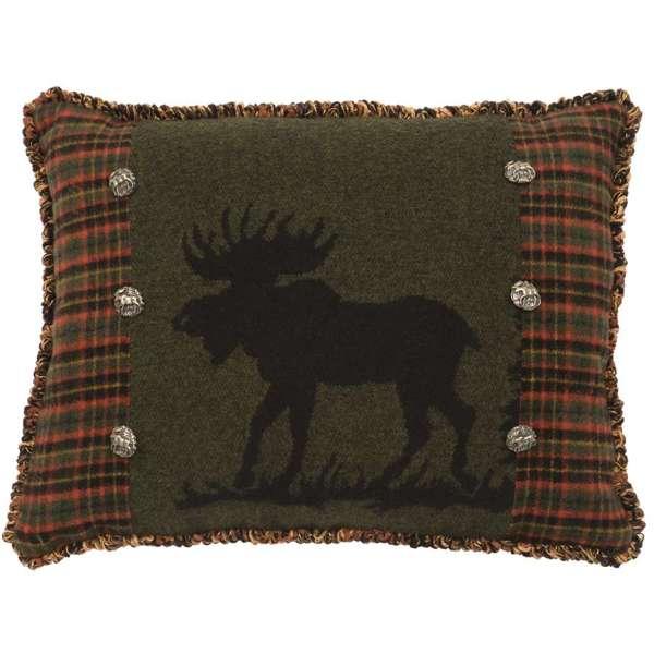 Pillow with moose silhouette and plaid border on a green background - Your Western Decor