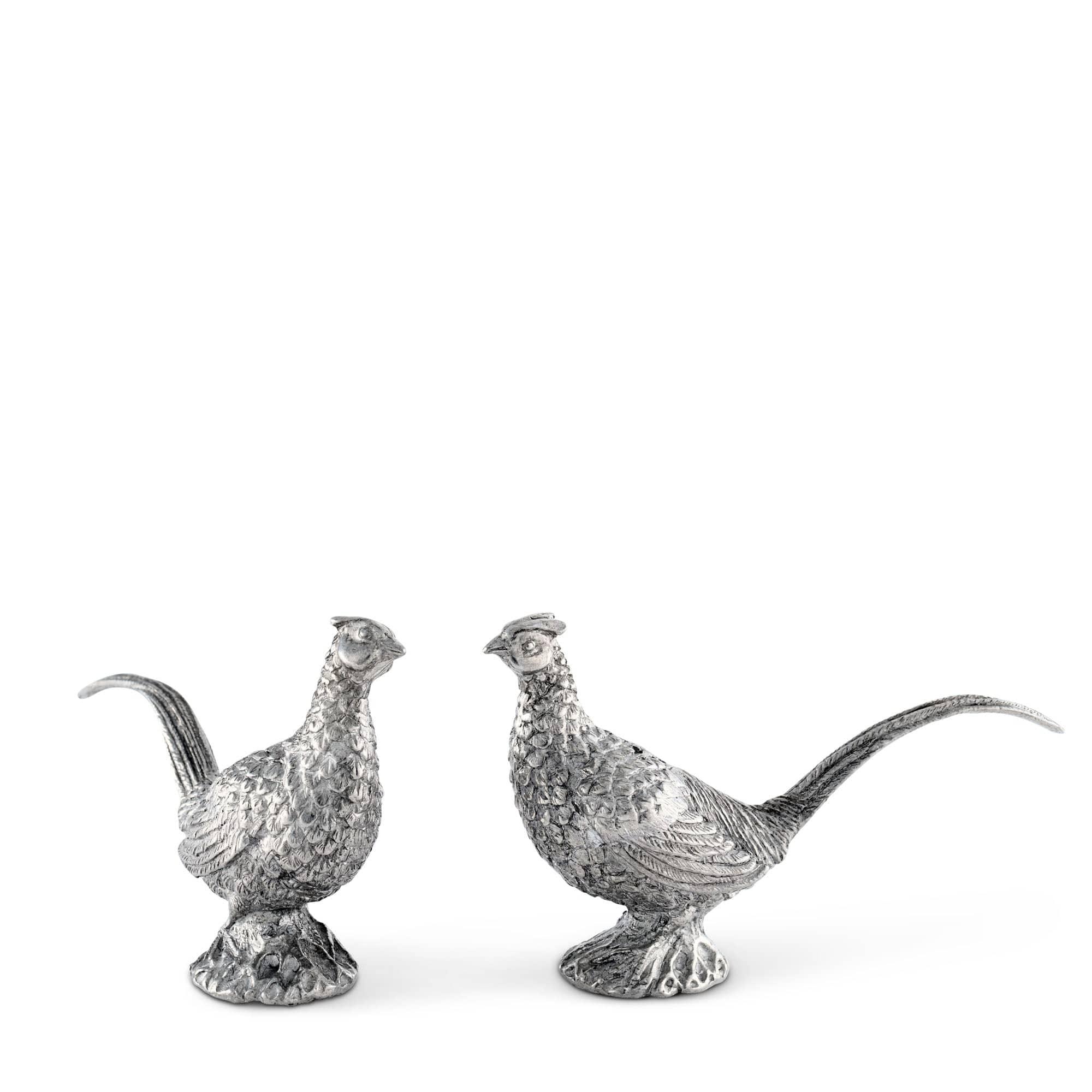 A pair of pewter salt and pepper shakers in the shape of pheasants - Your Western Decor