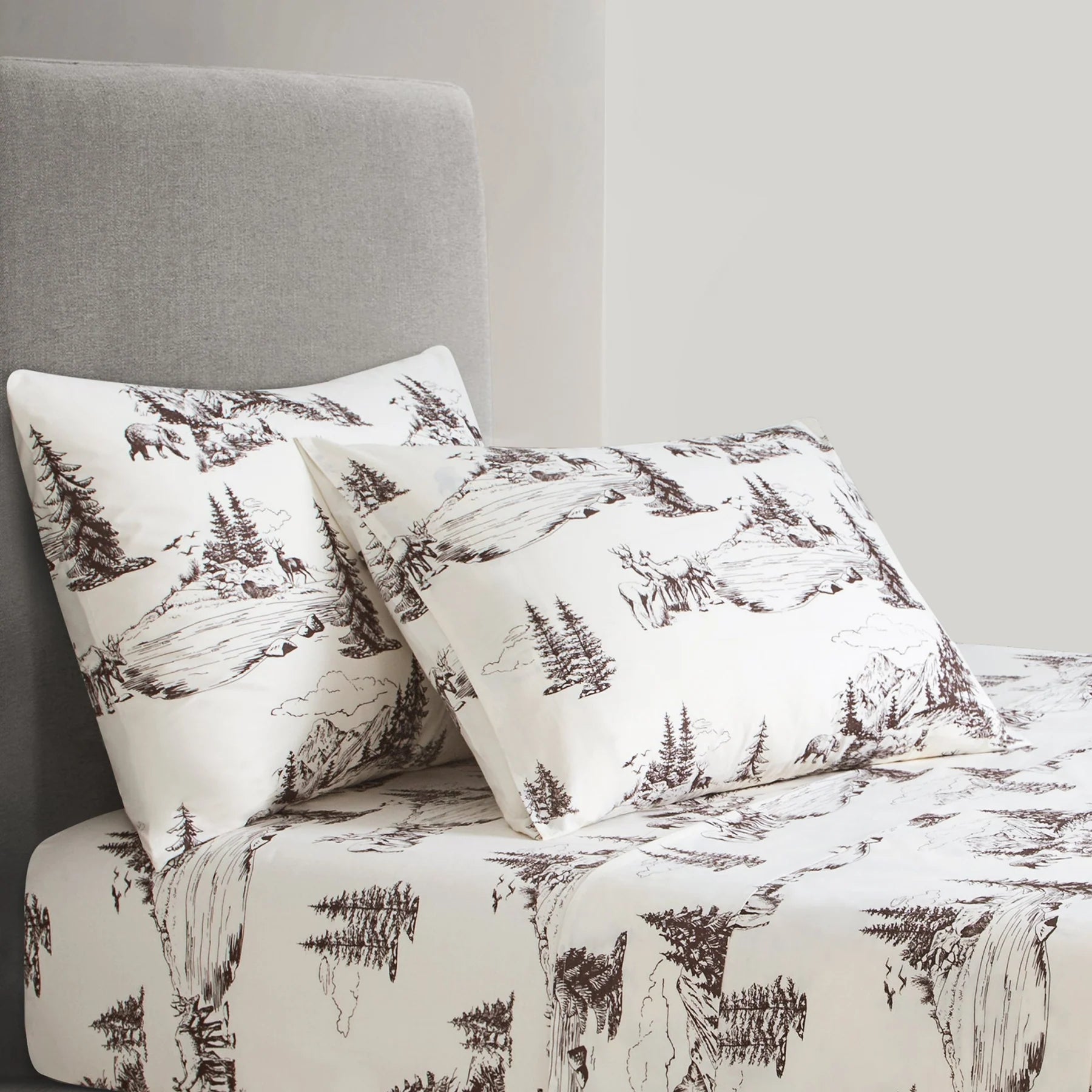 Mountain pines cream and brown sheets with wildlife and trees - Your Western Decor