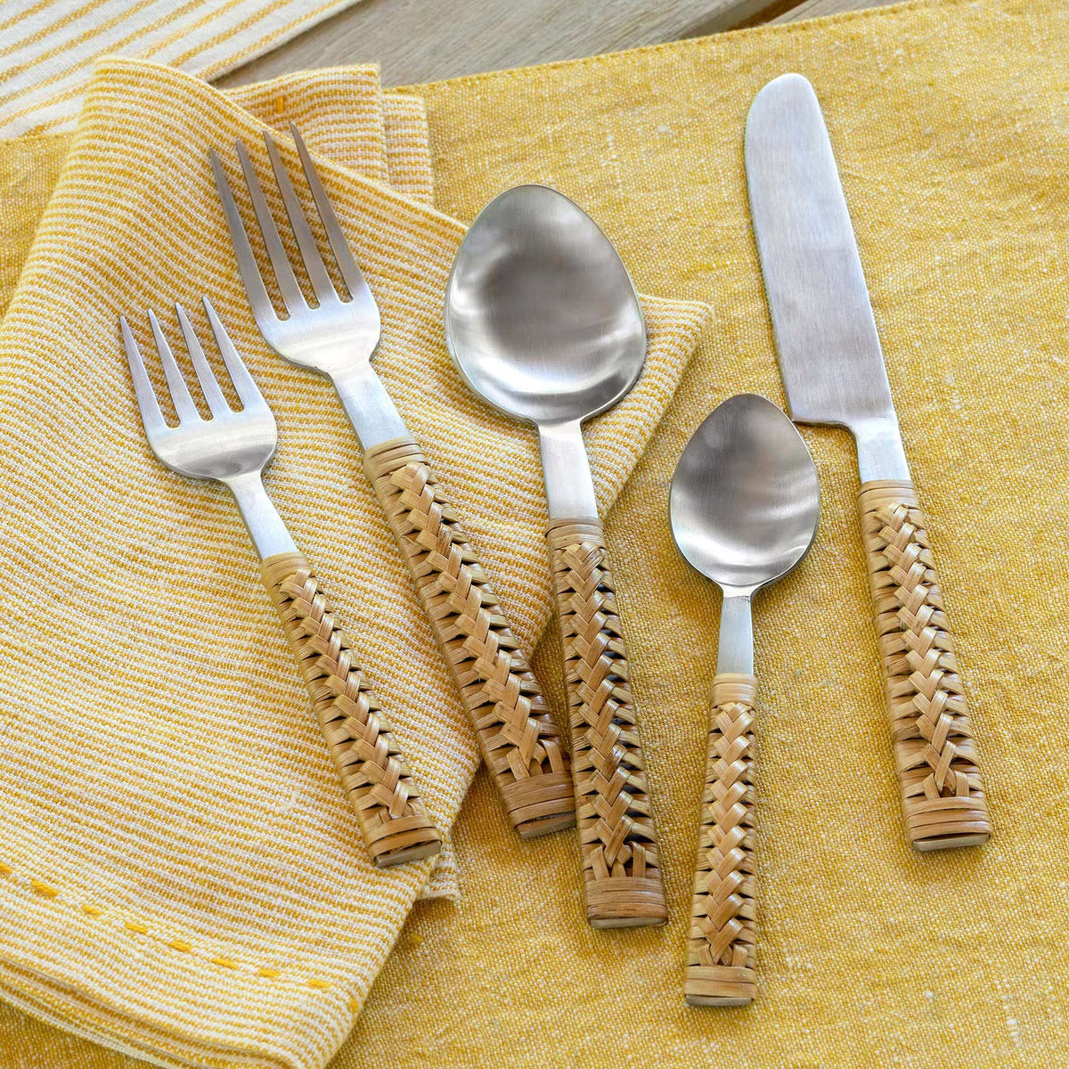 Woven natural bamboo handle stainless steel flatware - Your Western Decor