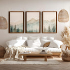 Watercolor triptych mountain scene art set with brown wood frames 