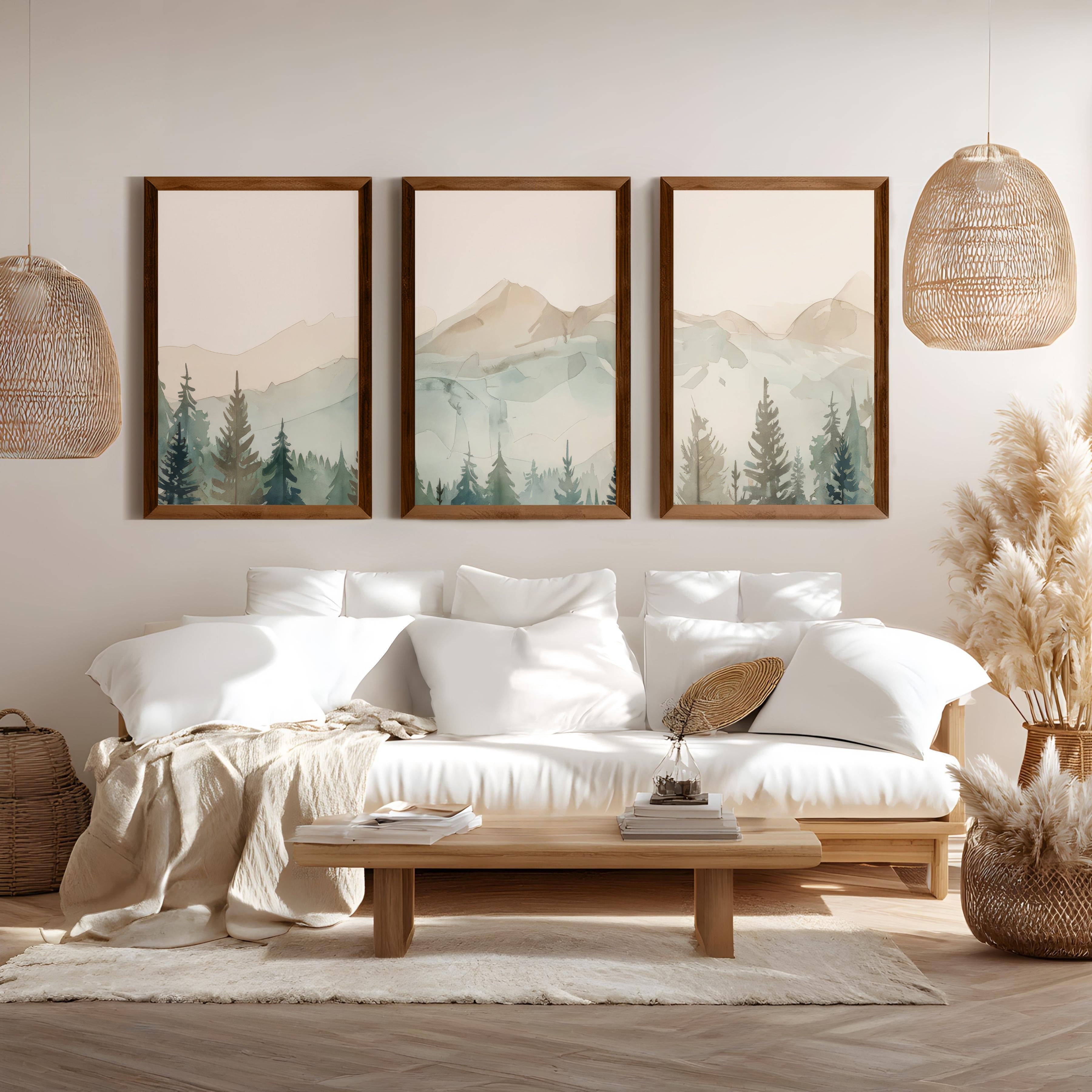Watercolor triptych mountain scene art set with brown wood frames 