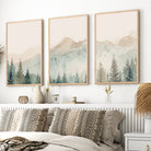 Watercolor triptych mountain scene art set with very light brown wood frames 