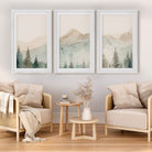 Watercolor triptych mountain scene art set with white wood frames and white border