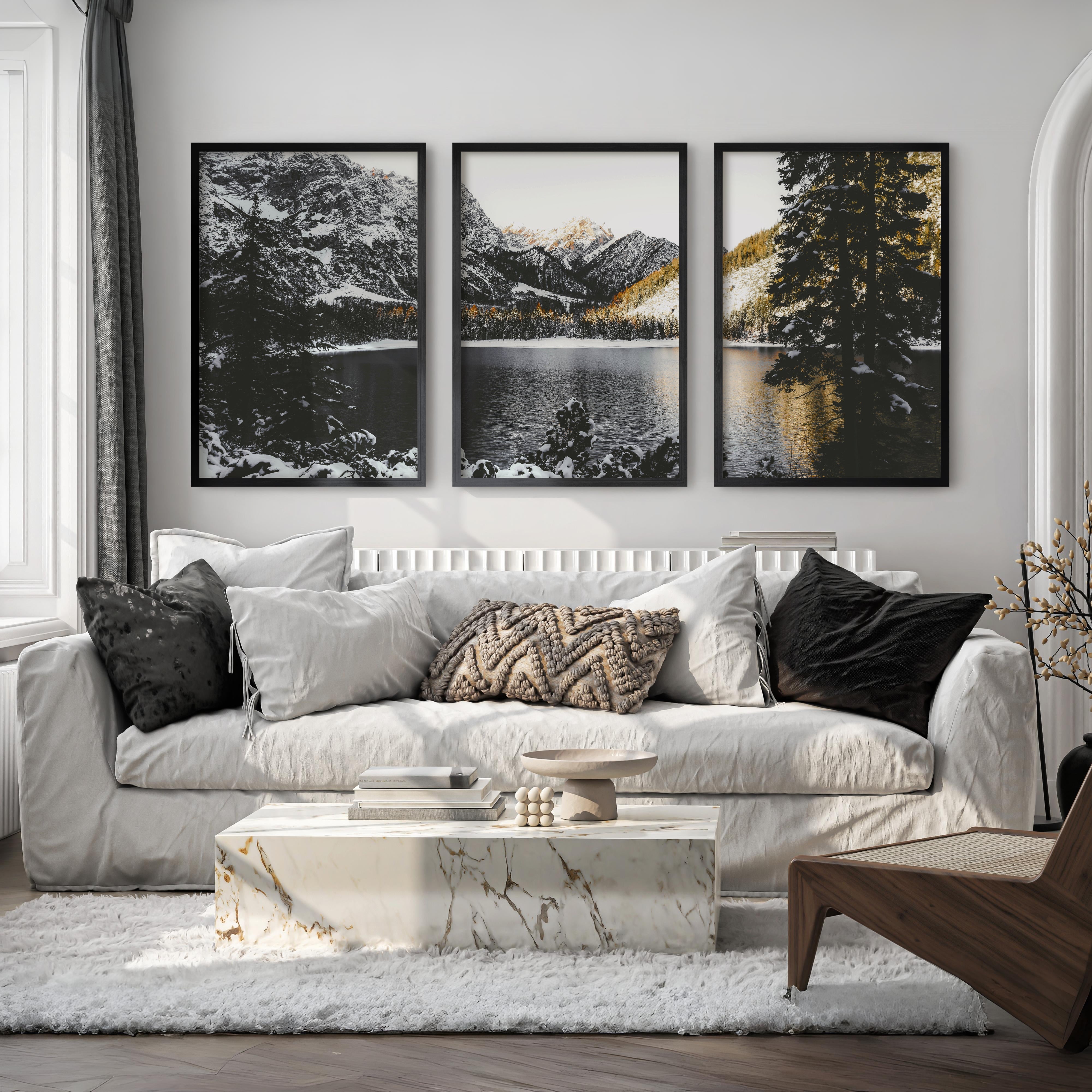 mountain lake wall art landscape print set with black wood frames