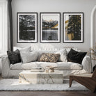 lodge wall art mountain lake golden light triptych print set with white border and black wood frames