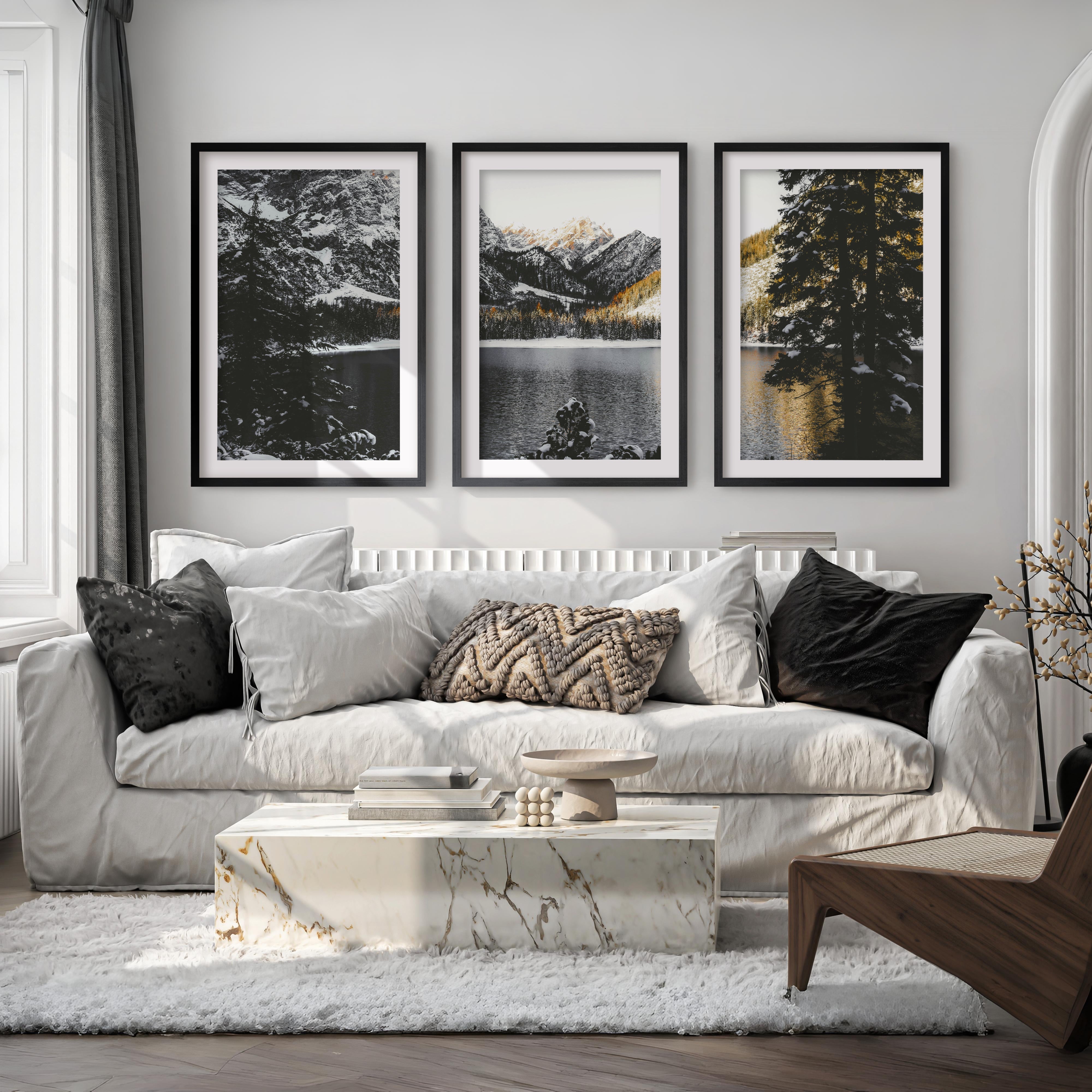lodge wall art mountain lake golden light triptych print set with white border and black wood frames