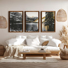 lodge wall art mountain lake golden light triptych print set with natural dark wood frames