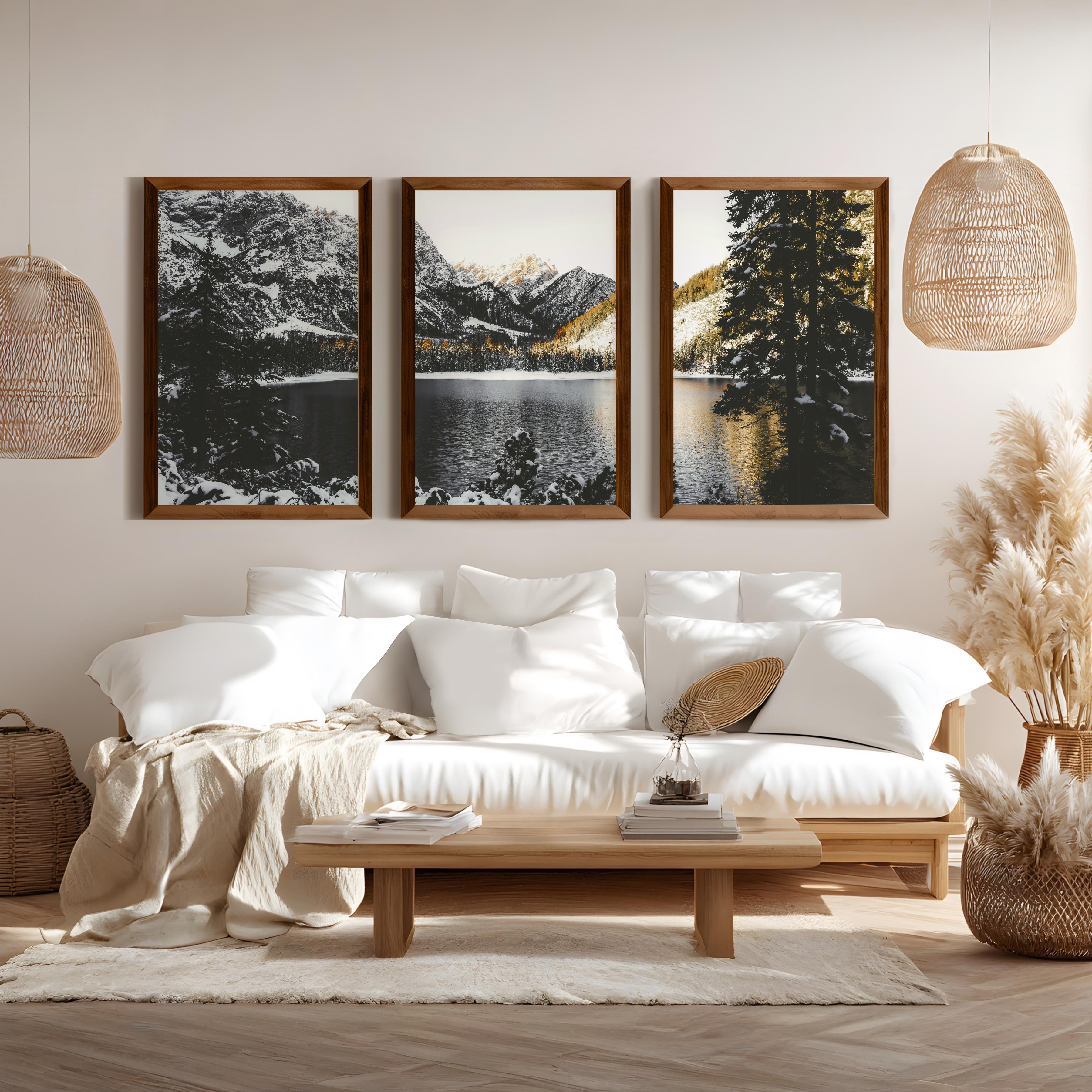 lodge wall art mountain lake golden light triptych print set with natural dark wood frames