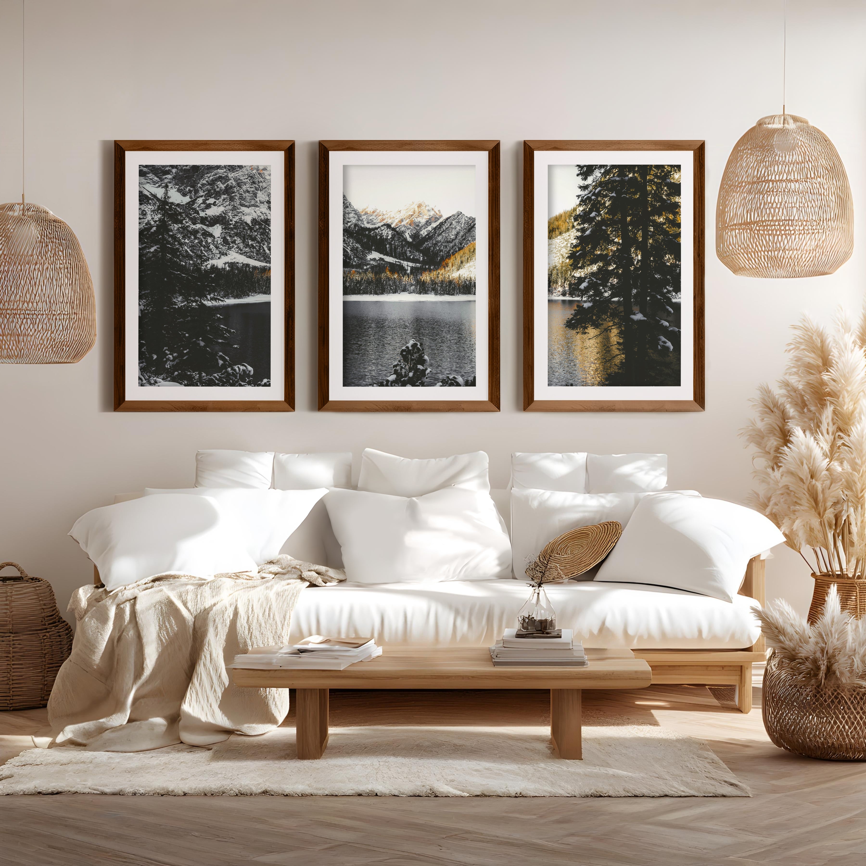 alpine lake mountain wall decor 3 piece fine art prints with white border and dark natural wood frame