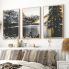 alpine lake mountain wall decor 3 piece fine art prints with light natural wood frames