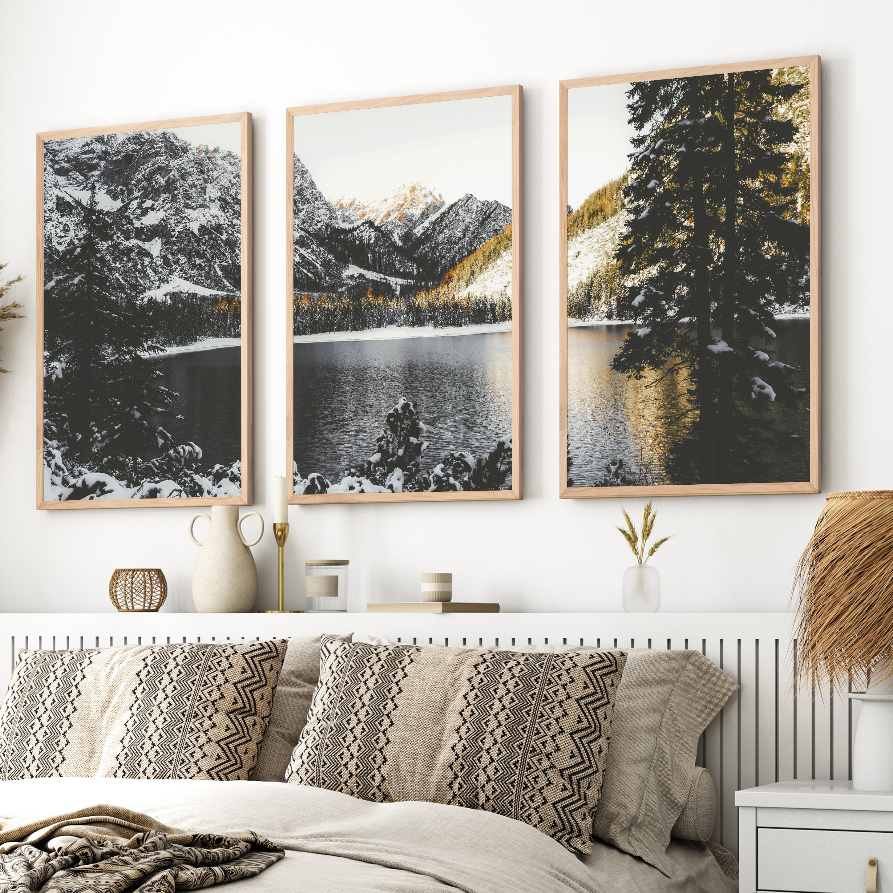 alpine lake mountain wall decor 3 piece fine art prints with light natural wood frames