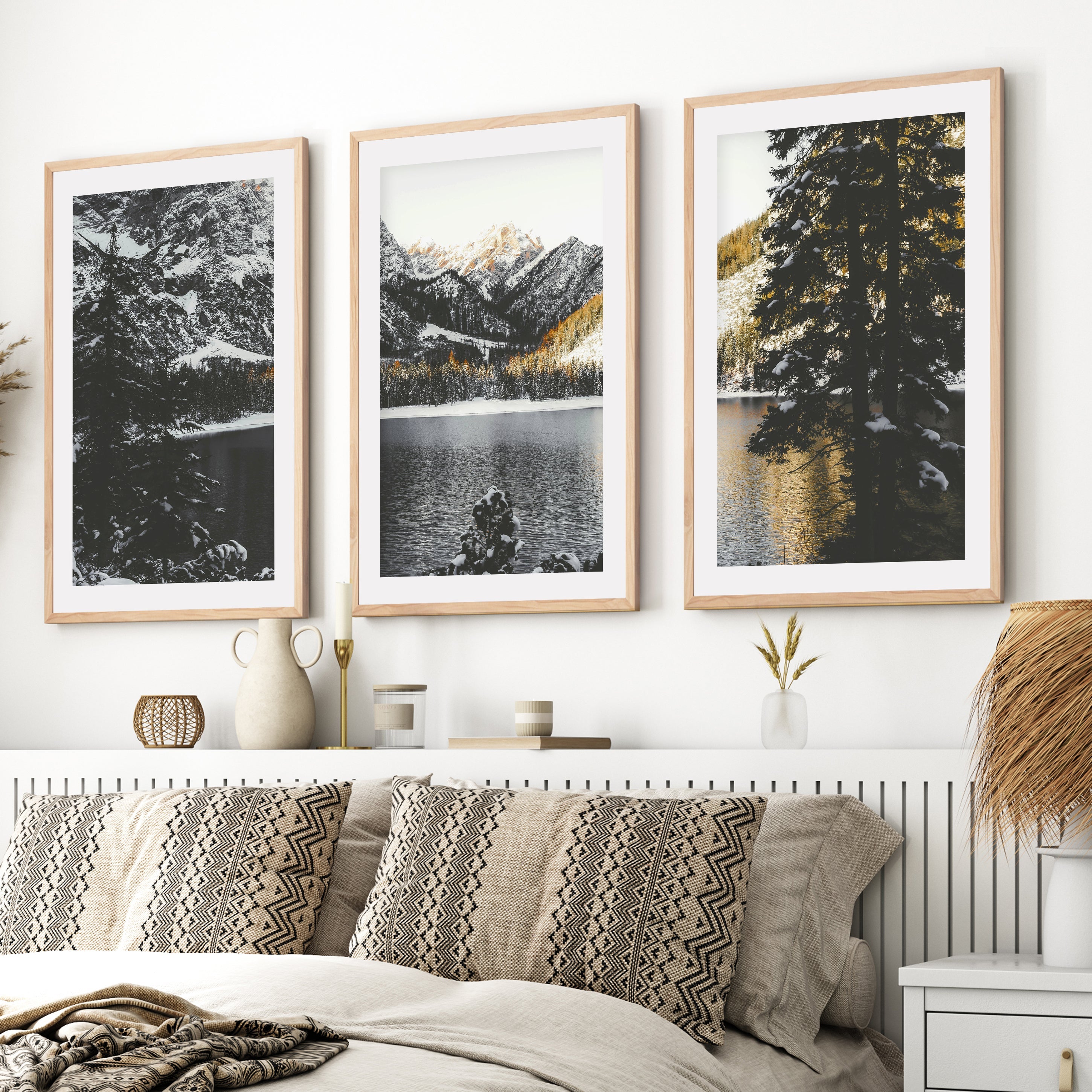 modern rustic mountain wall art triptych landscape photography with white border and natural light wood frames