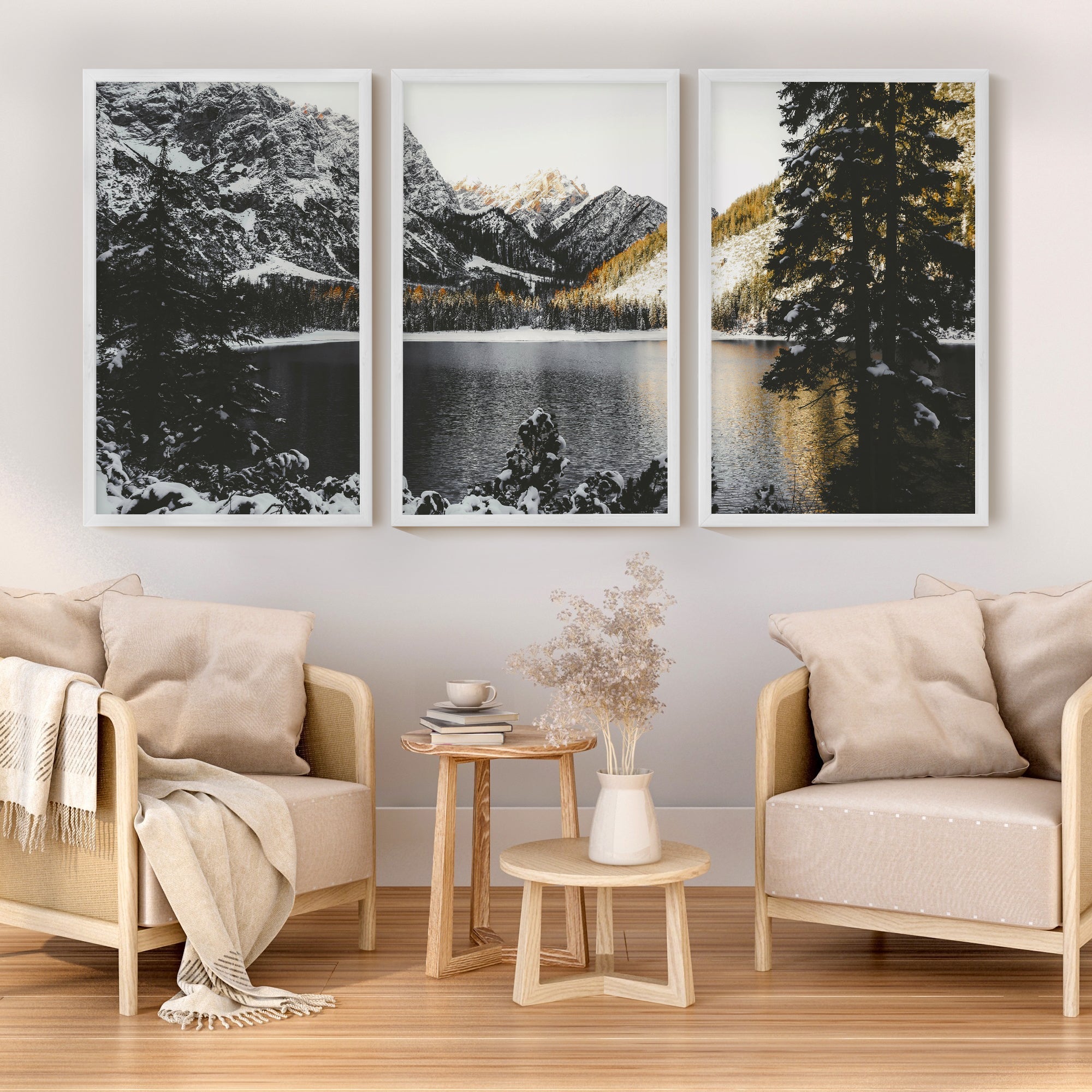 mountain lake triptych wall art golden peak fine art print set white wood frame, staged with boho furniture 