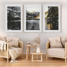 modern rustic mountain wall art triptych landscape photography with white border and white wood frames