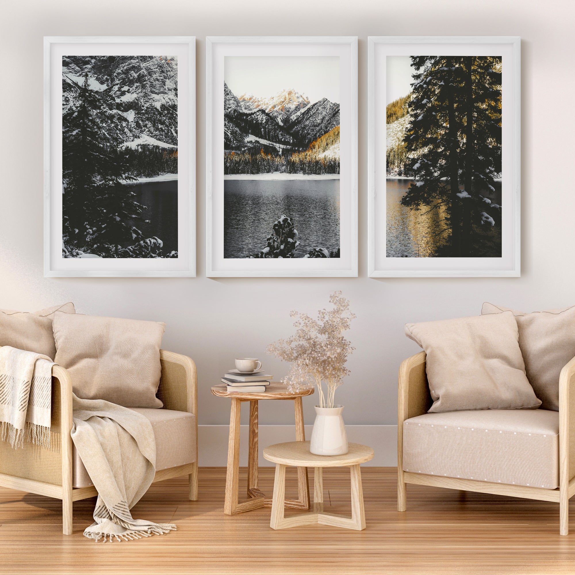 modern rustic mountain wall art triptych landscape photography with white border and white wood frames