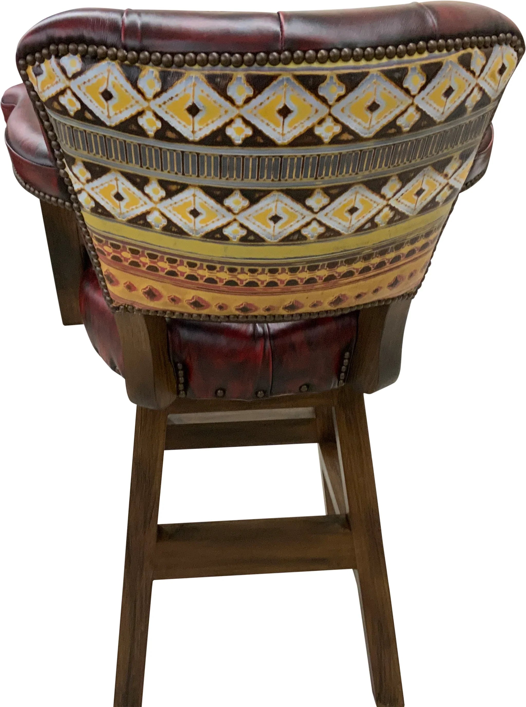 back of Navajo leather barstool showing hand painted Navajo design leather - Your Western Decor