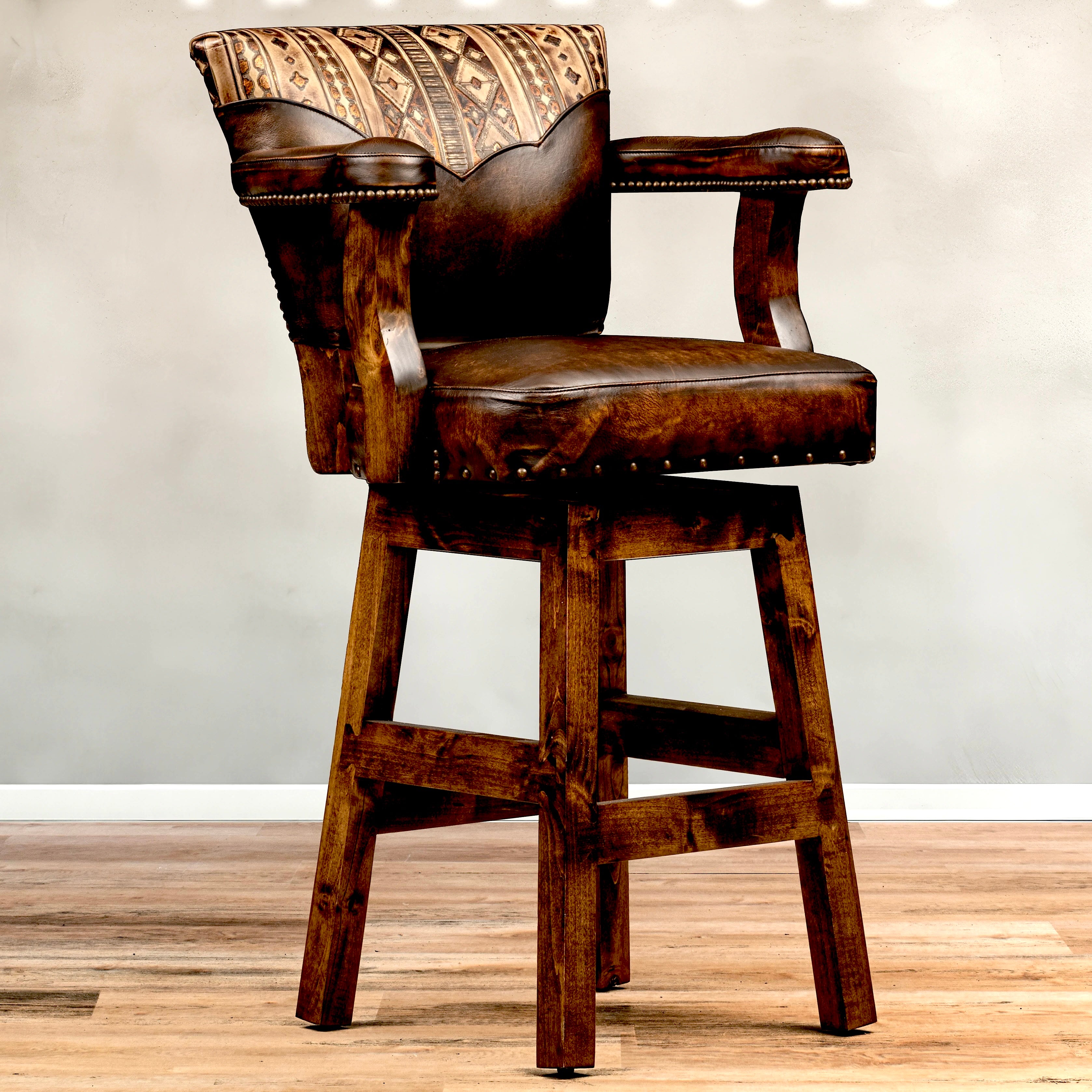 Navajo Leather Southwest Bar Stools with arms and swivel custom made in the USA - Your Western Decor