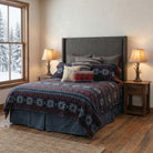 Nordic Winter Themed fabric on bedspread and pillow cases, and accent pillows. Deep blue with red patterens