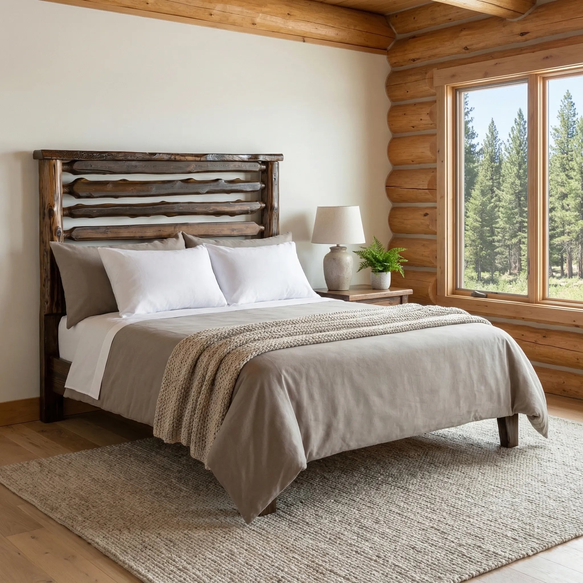 A rustic wooden cedar bed frame with a slatted headboard, dressed in white and taupe bedding, set in a cozy log-cabin style bedroom with a window showing pine trees outside.