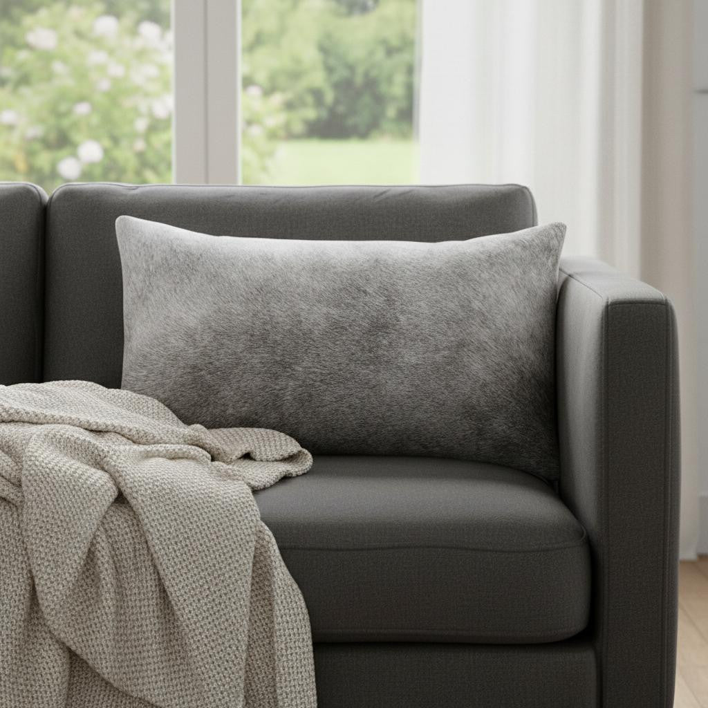 Rectangle grey cowhide accent pillow on grey sofa