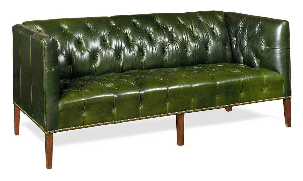 Green leather sofa with tufted backrest and seat made in the USA - Your Western Decor
